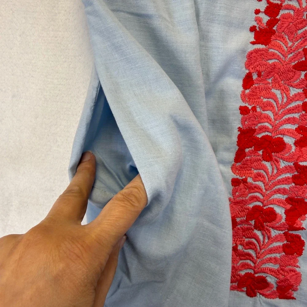 j.marie XS Light‎ Blue Red Floral Embroidered Sleeveless Shift Dress Pocket